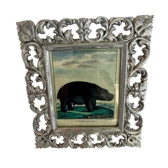 Large Pewter Ornate Picture Frame Hippopotamus Illustration Heavy 8 x 6.5" - Picture 5 of 11